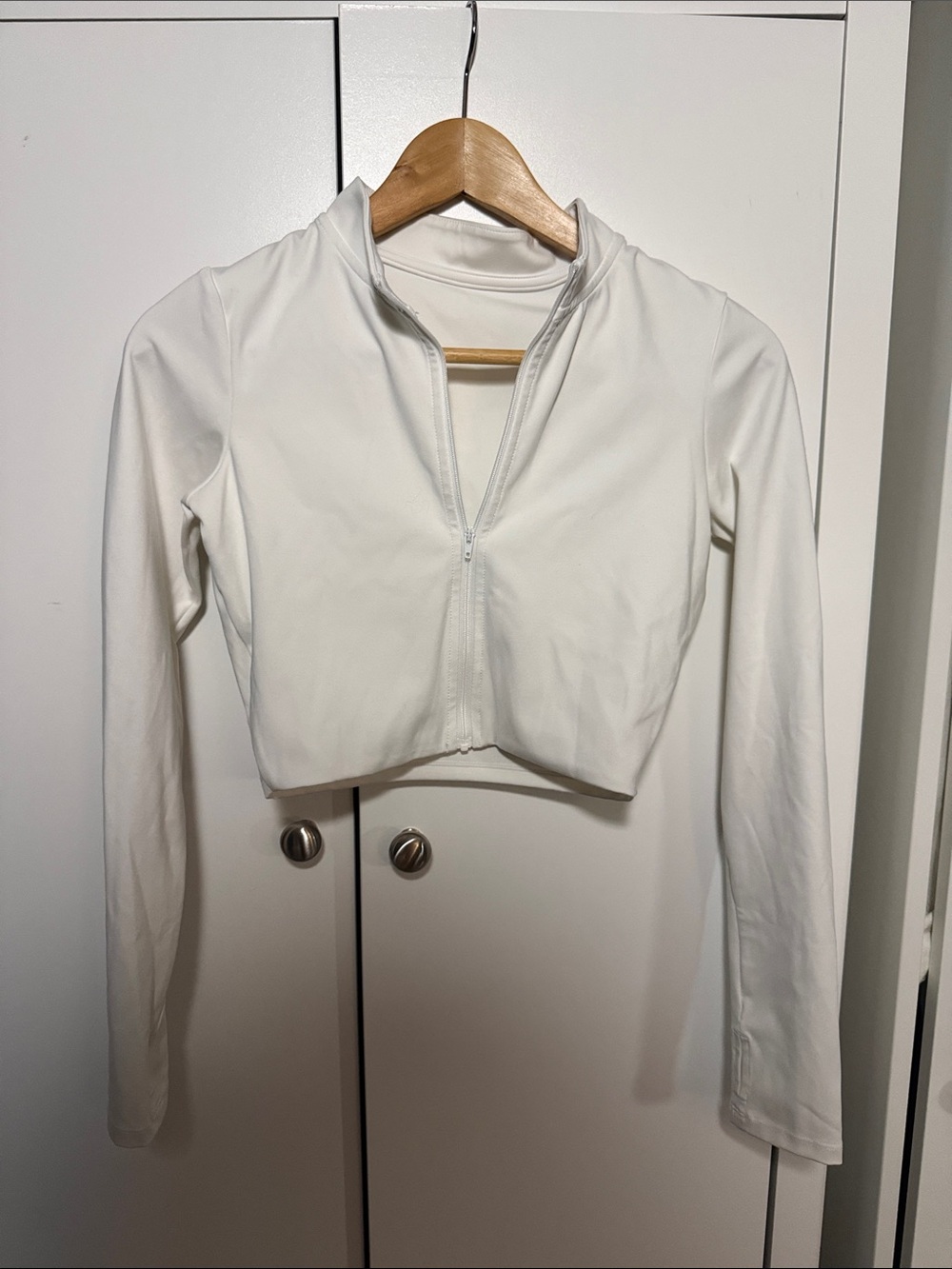 Cropped Zip-Front Long Sleeve Top — White